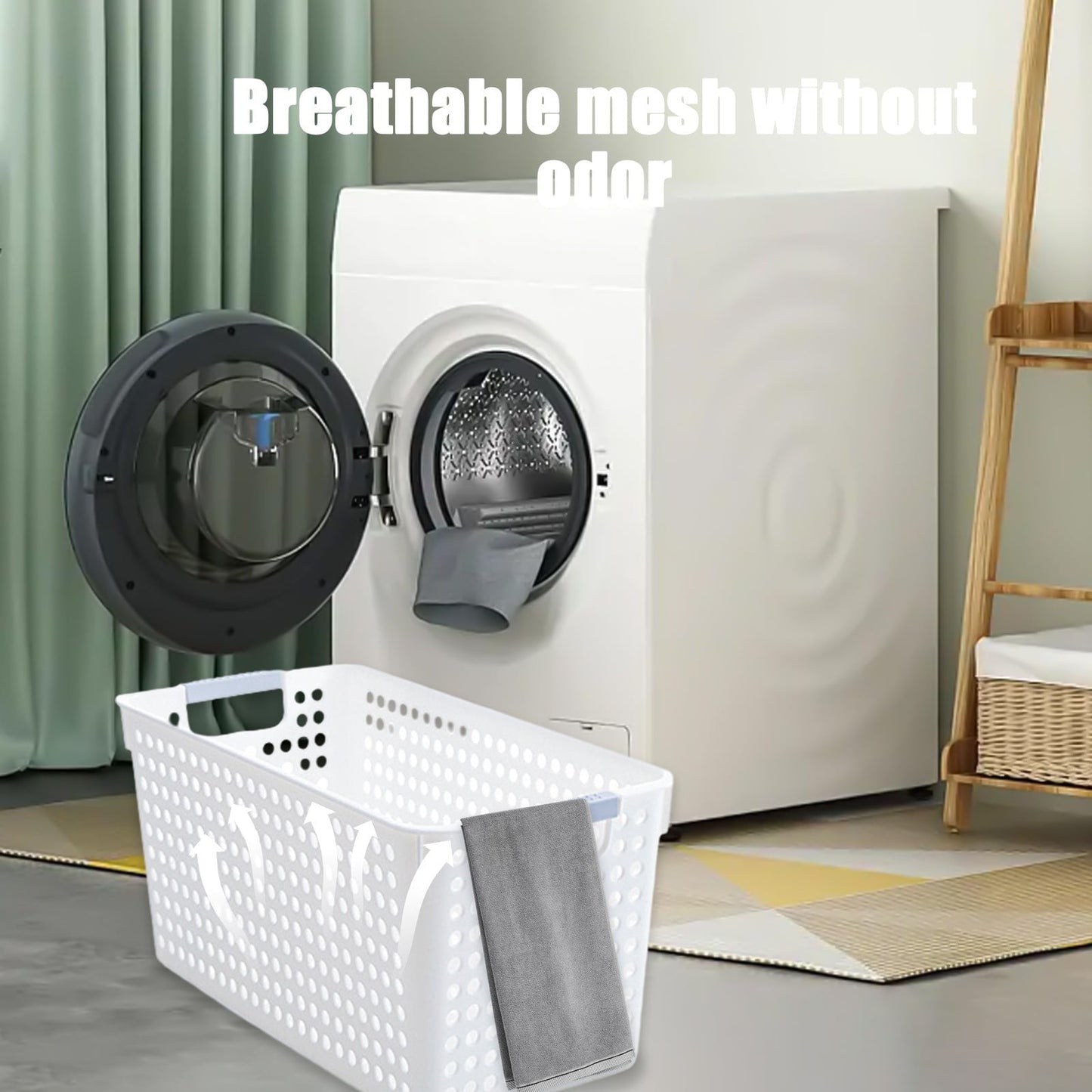 Laundry Basket, 2 pcs Plastic Hamper with Handles, Open Storage Bin to Organize Closets, Cabinets, Pantry, Shelving and Countertop Space, Suitable for Families and Dorms 3PC-White