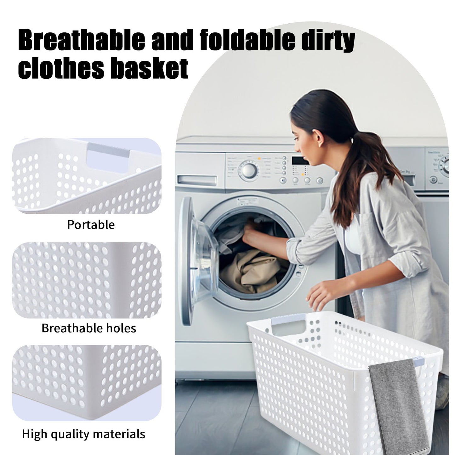 Laundry Basket, 2 pcs Plastic Hamper with Handles, Open Storage Bin to Organize Closets, Cabinets, Pantry, Shelving and Countertop Space, Suitable for Families and Dorms 3PC-White