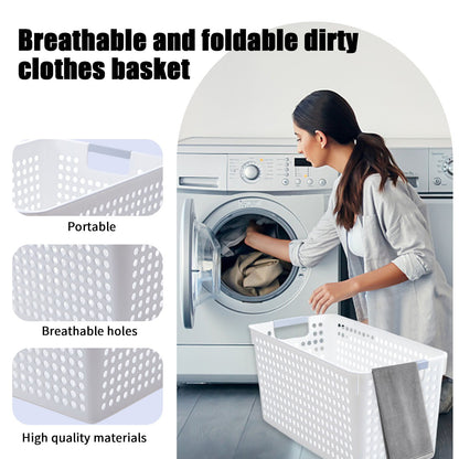 Laundry Basket, 2 pcs Plastic Hamper with Handles, Open Storage Bin to Organize Closets, Cabinets, Pantry, Shelving and Countertop Space, Suitable for Families and Dorms 3PC-White