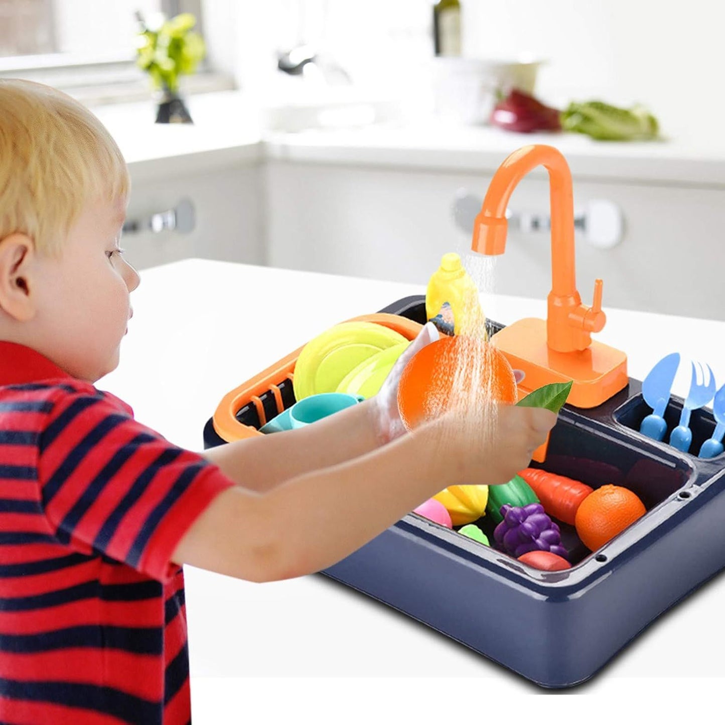 19PC Kitchen Play Sink Toy with Play Food & Color Changing Toy Dishes - Play Sink with Running Water - Pretend Play Kitchen Toys