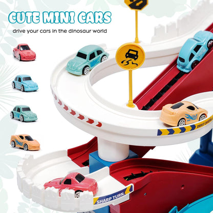 Race Track Toys for Kids Car Adventure Toy Dinosaur Climbing Hills Railcar with 4 Cars Colorful Vehicles Construction Play Set