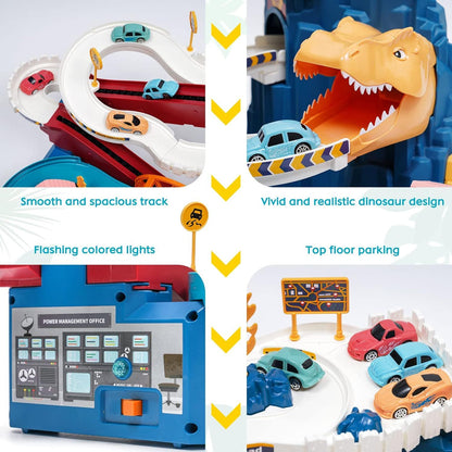 Race Track Toys for Kids Car Adventure Toy Dinosaur Climbing Hills Railcar with 4 Cars Colorful Vehicles Construction Play Set