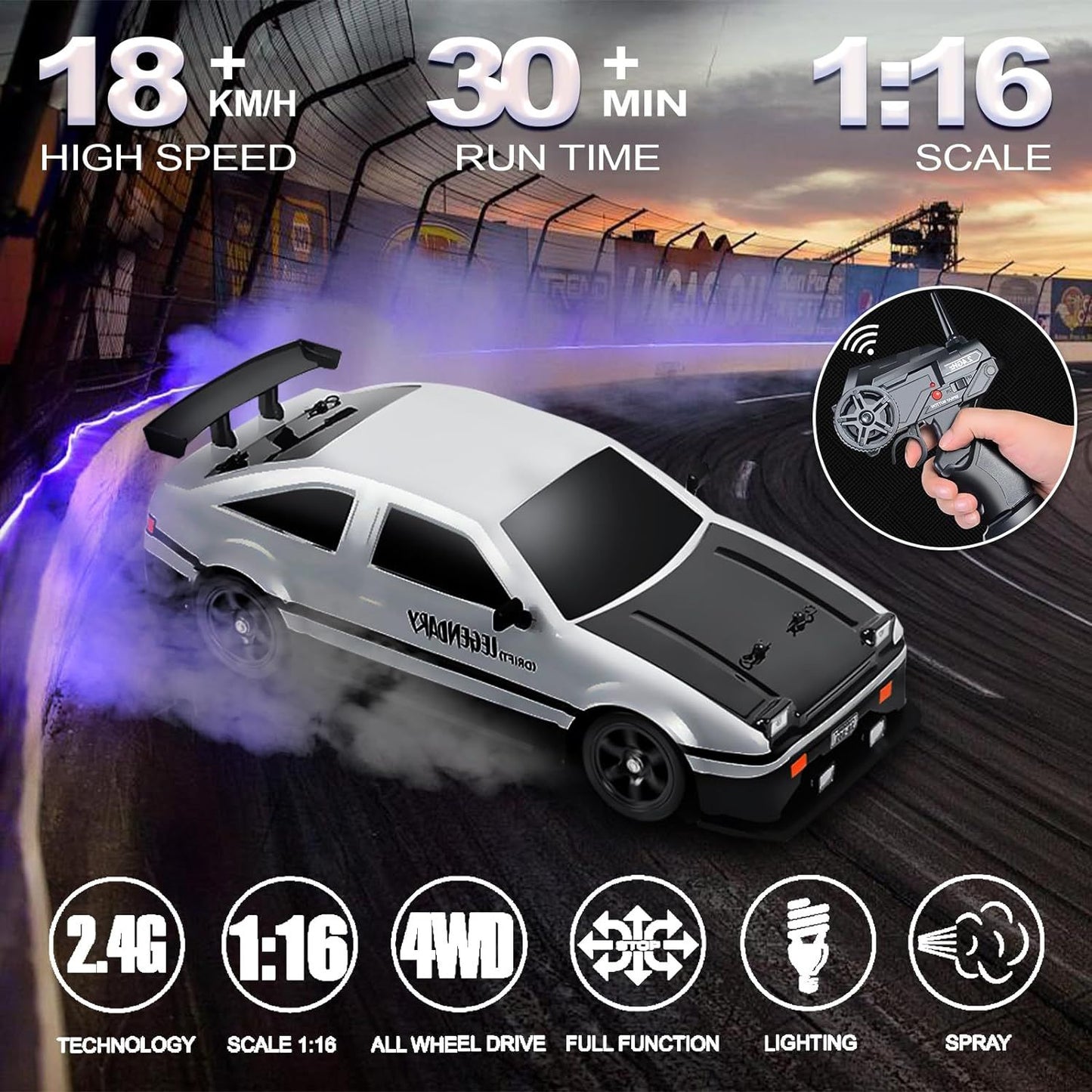 Remote Control Car RC Drift Car 1:16 Scale 4WD High Speed Model Vehicle 2.4GHz with LED Lights Spray Rubber Tire Racing