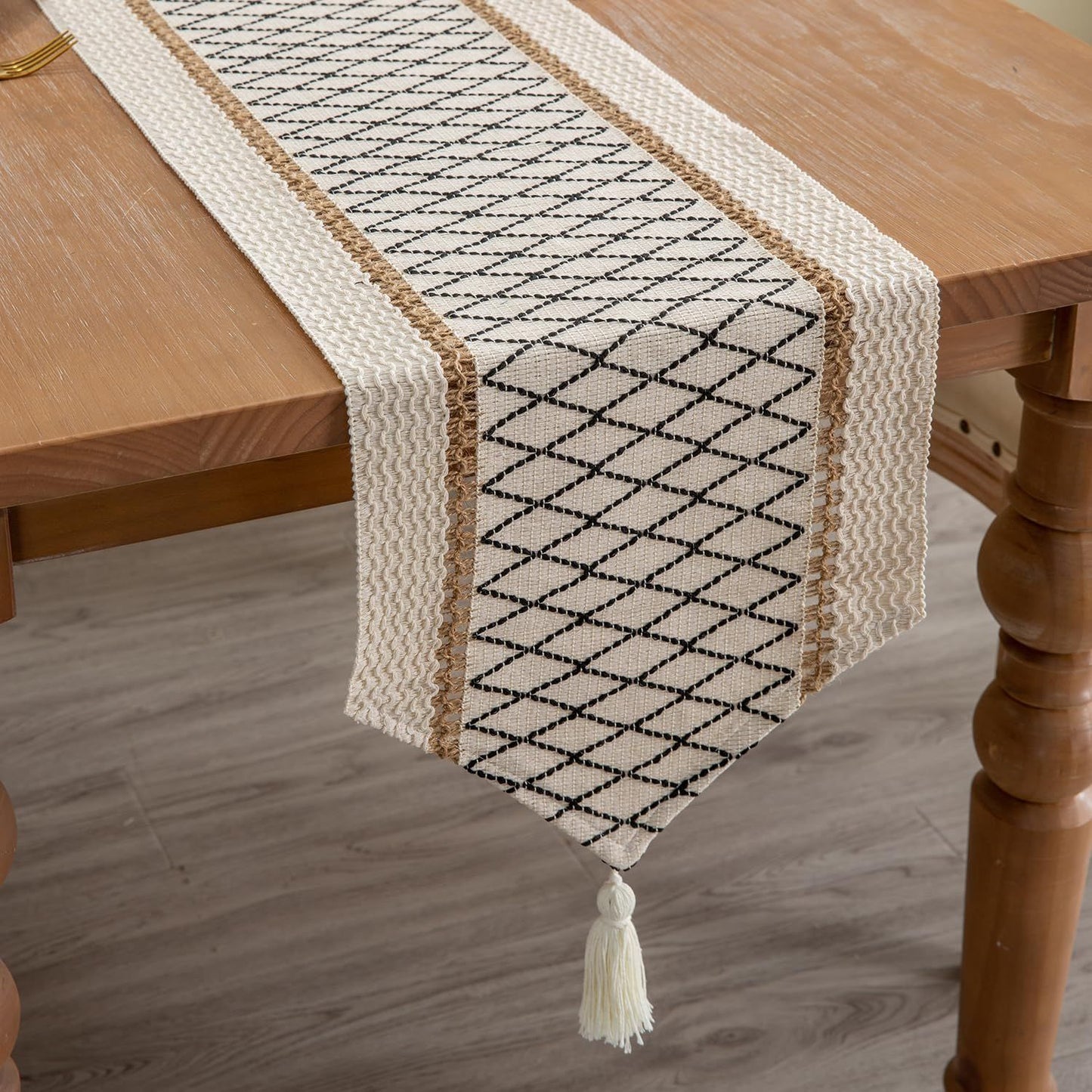 Boho Style with Tassels, Cotton & Linen, Farmhouse Home Decor for Living Room Dresser Scarfs (12x72inch, Black & Beige)