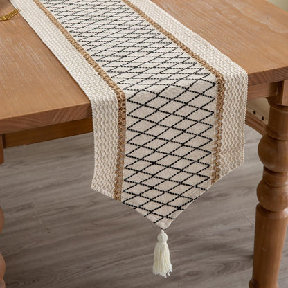 Boho Style with Tassels, Cotton & Linen, Farmhouse Home Decor for Living Room Dresser Scarfs (12x72inch, Black & Beige)
