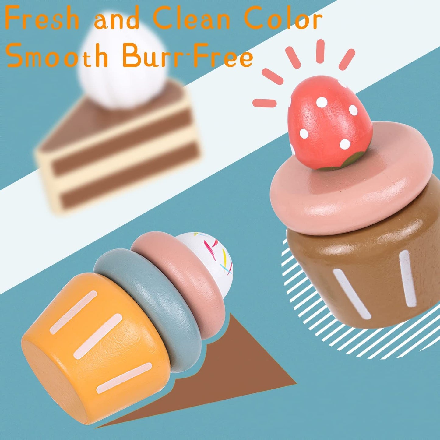 Wooden Cake Toys Tea Party Set, Desserts Food Toy with Cupcake Stand, Kids Pretend Play Kitchen Accessories, Wooden Play Food