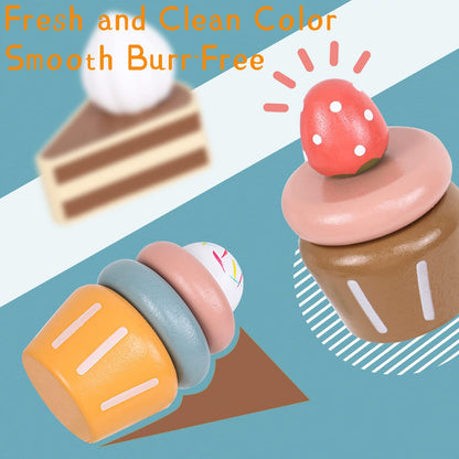 Wooden Cake Toys Tea Party Set, Desserts Food Toy with Cupcake Stand, Kids Pretend Play Kitchen Accessories, Wooden Play Food