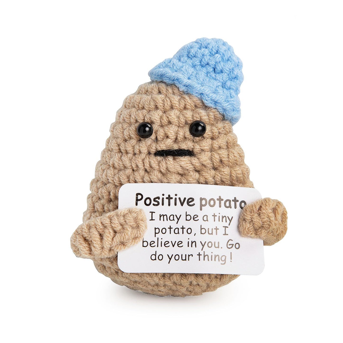 Funny Positive Potato - 3 Inch Knitted Crochet Doll, Complete with an Uplifting Positive Card, Ideal for Cheer Up  (Blue)