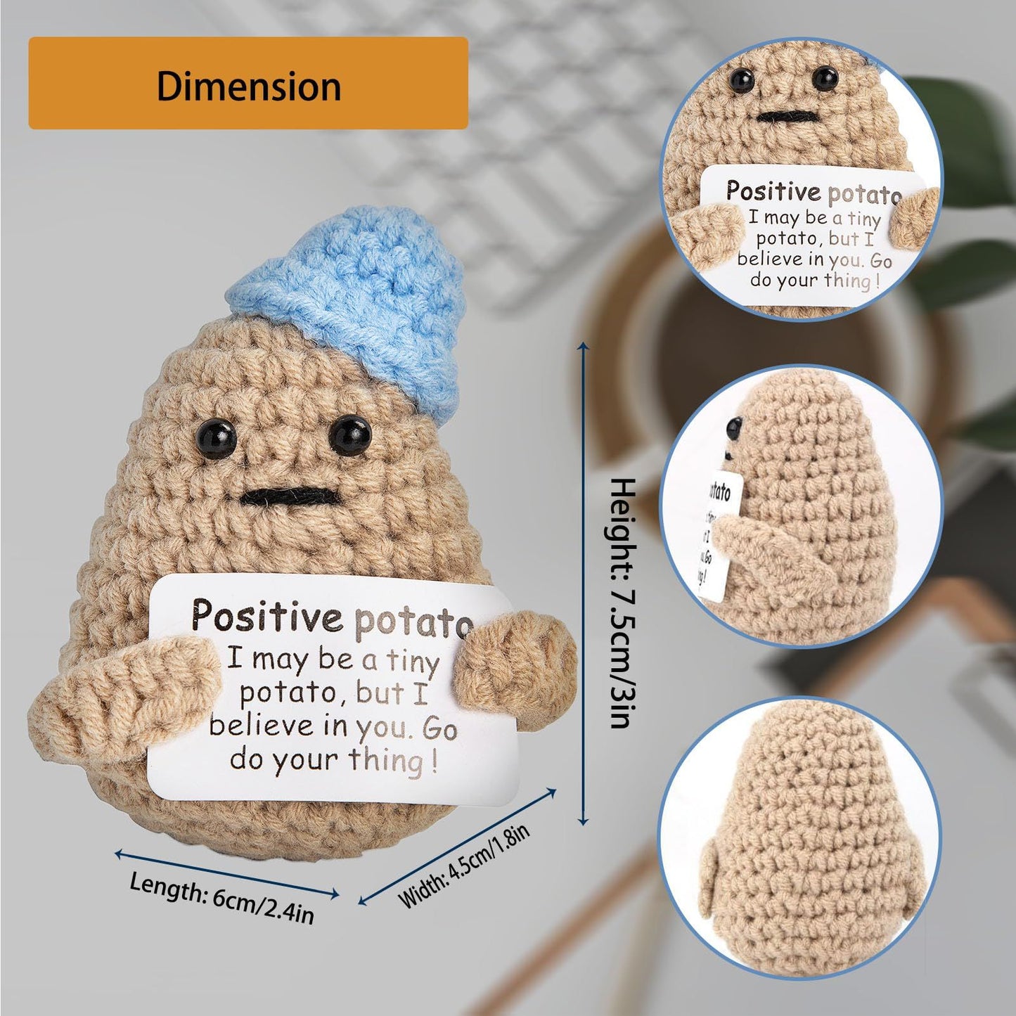 Funny Positive Potato - 3 Inch Knitted Crochet Doll, Complete with an Uplifting Positive Card, Ideal for Cheer Up  (Blue)