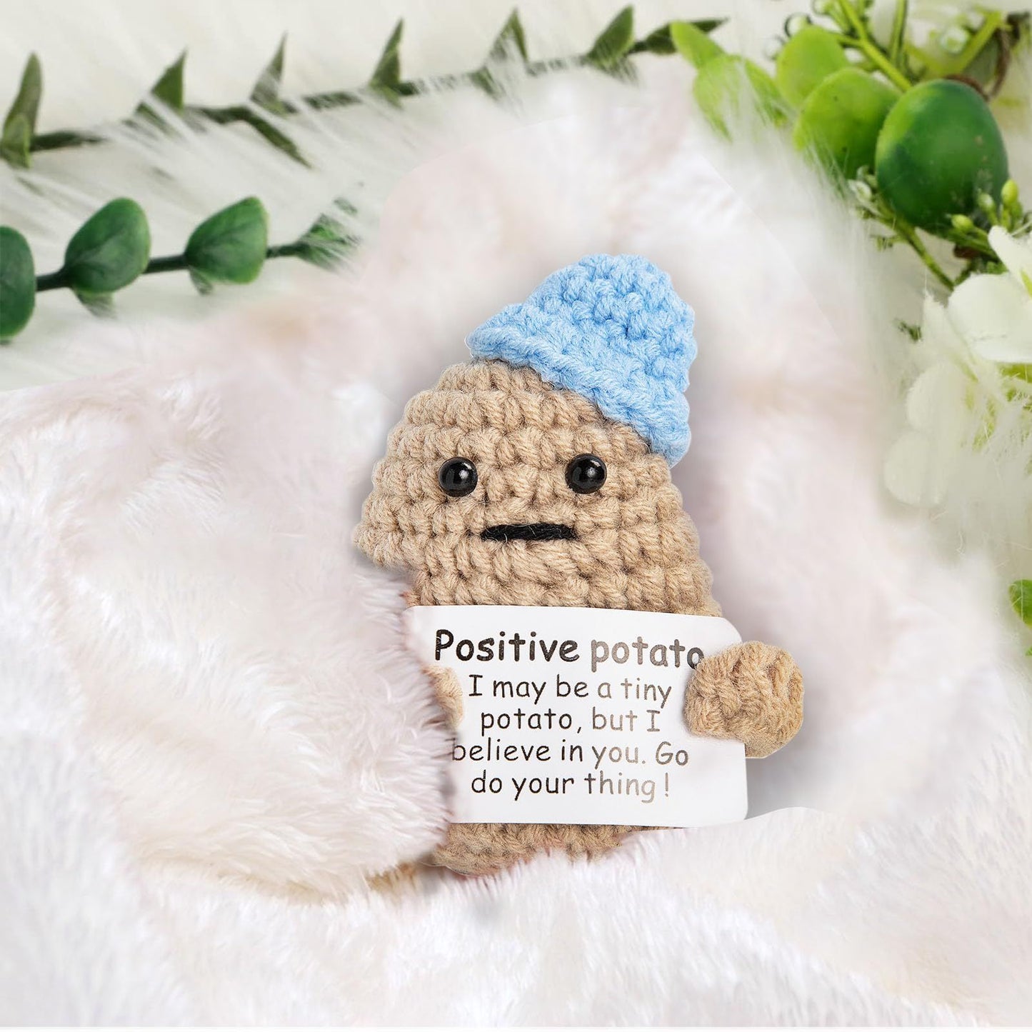 Funny Positive Potato - 3 Inch Knitted Crochet Doll, Complete with an Uplifting Positive Card, Ideal for Cheer Up  (Blue)