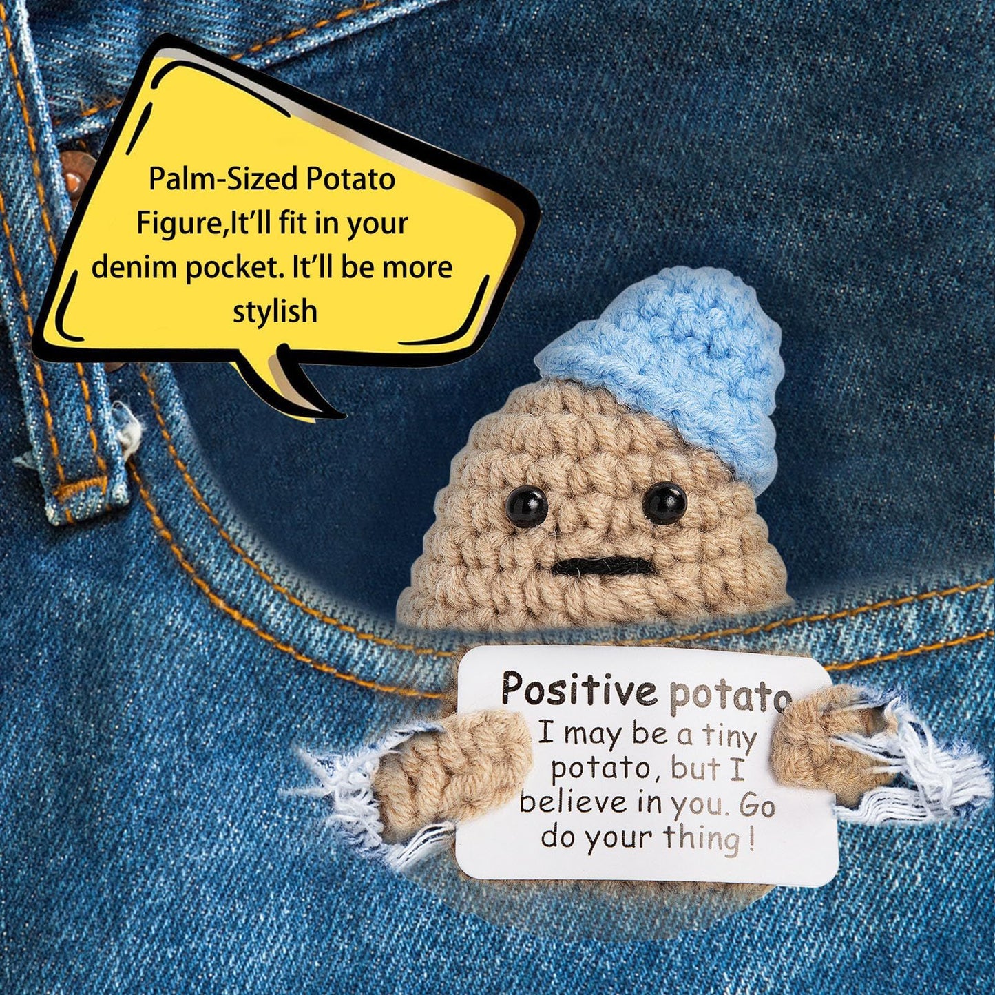 Funny Positive Potato - 3 Inch Knitted Crochet Doll, Complete with an Uplifting Positive Card, Ideal for Cheer Up  (Blue)