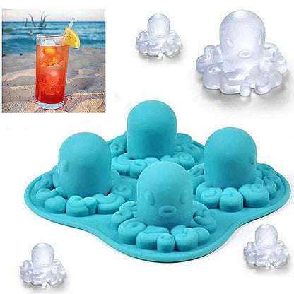 Silicone 4 Grids Octopus Pattern Frozen Ice Cube Trays Jerry DIY Mold Maker Creative Ice Cube Mold 3D - Blue