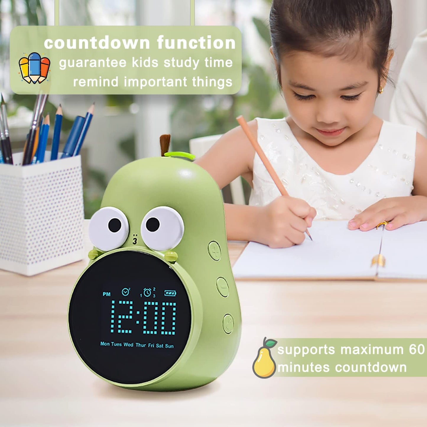 Alarm Clock for Kids: Cute Pear Design, Triple Alarms, 5 Ringtones- Premium Digital Wake Up Clock for Children's Bedrooms