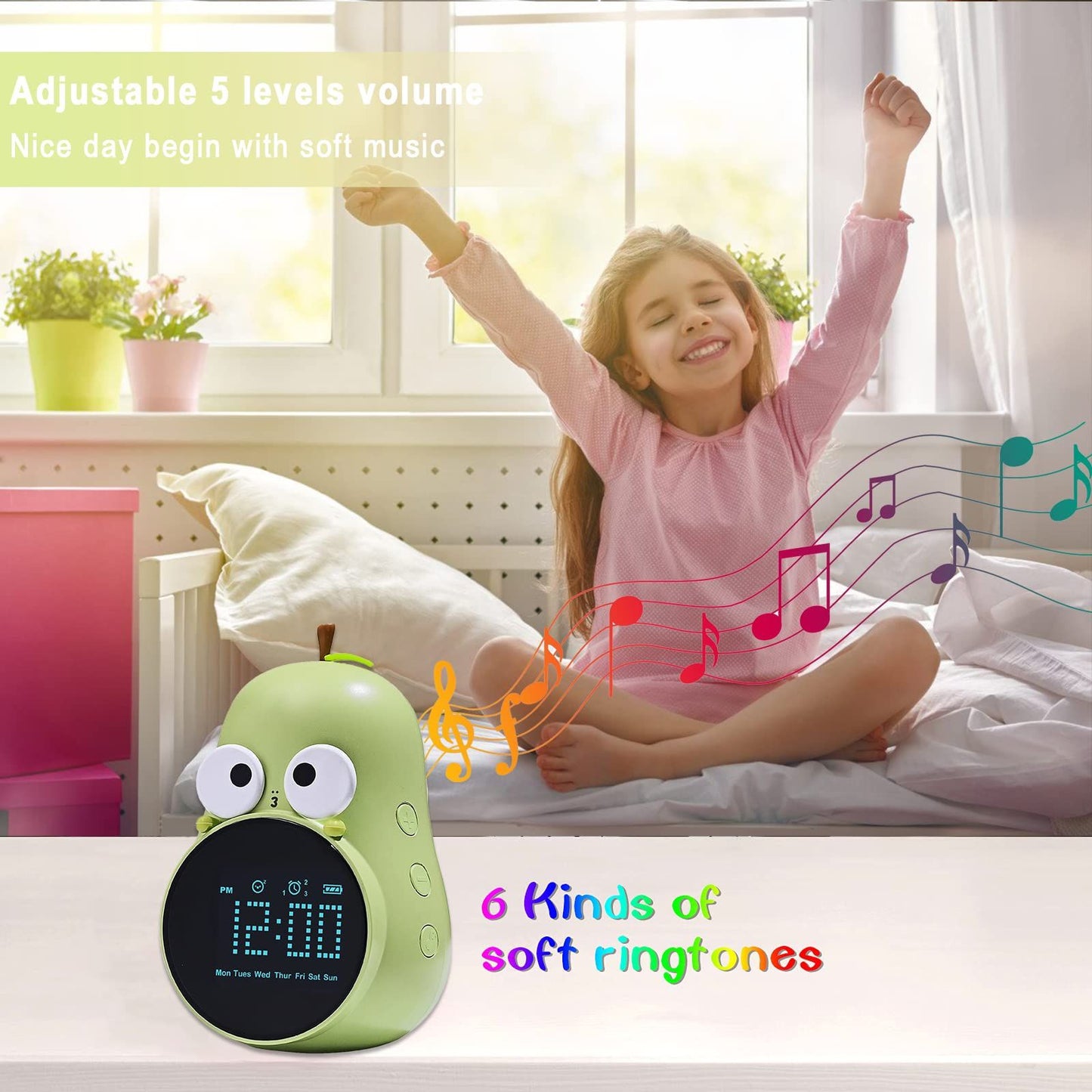 Alarm Clock for Kids: Cute Pear Design, Triple Alarms, 5 Ringtones- Premium Digital Wake Up Clock for Children's Bedrooms