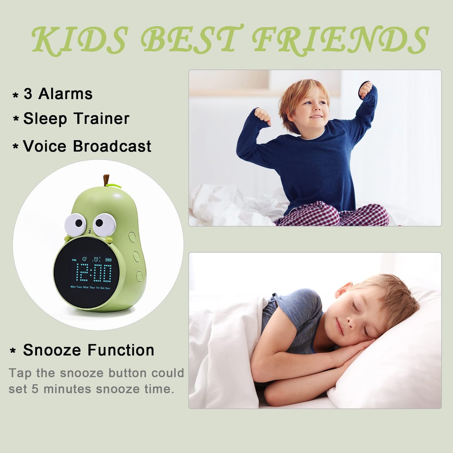 Alarm Clock for Kids: Cute Pear Design, Triple Alarms, 5 Ringtones- Premium Digital Wake Up Clock for Children's Bedrooms