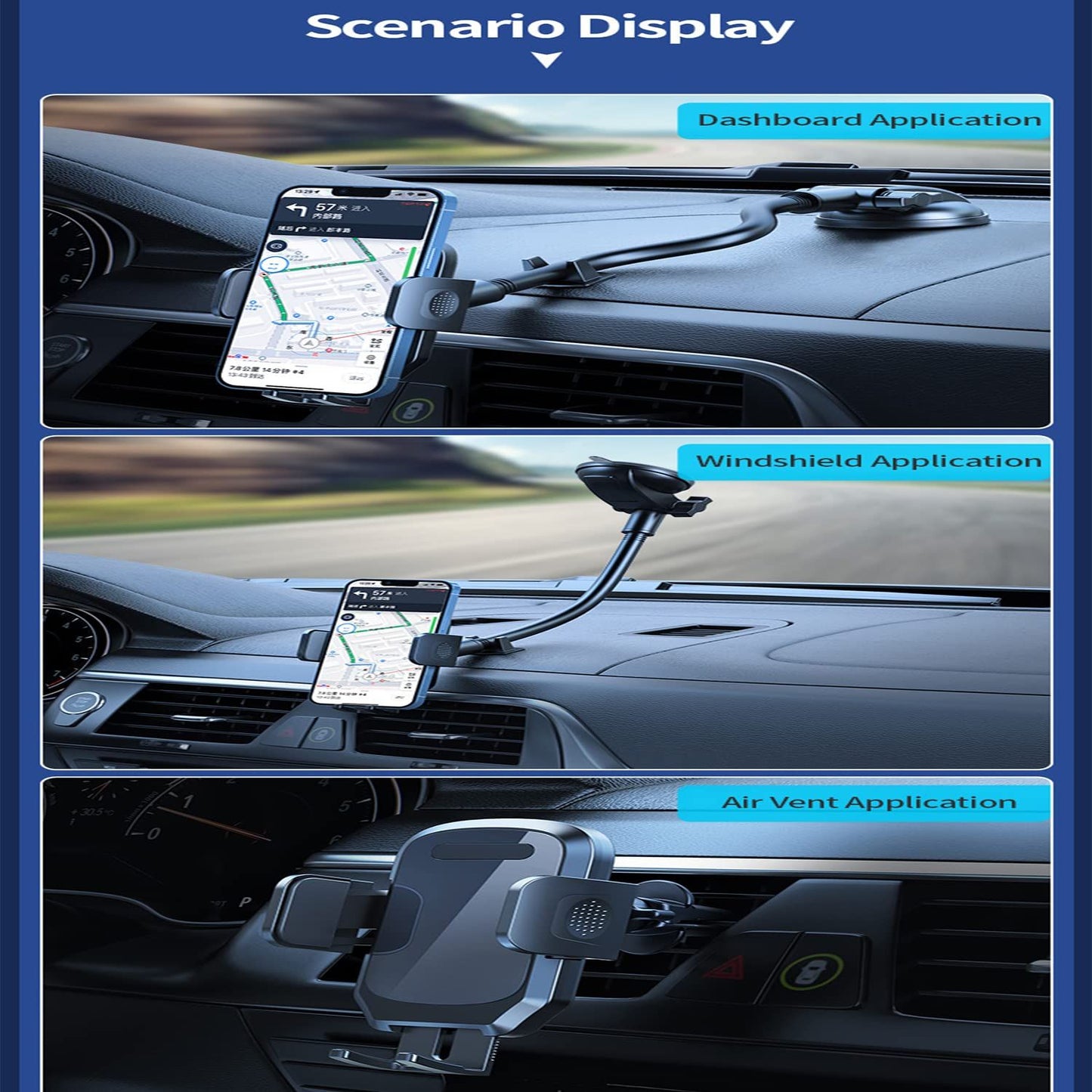 Car phone holder, dashboard/windshield/vent phone holder, gooseneck long arm holder, anti shake hands-free holder