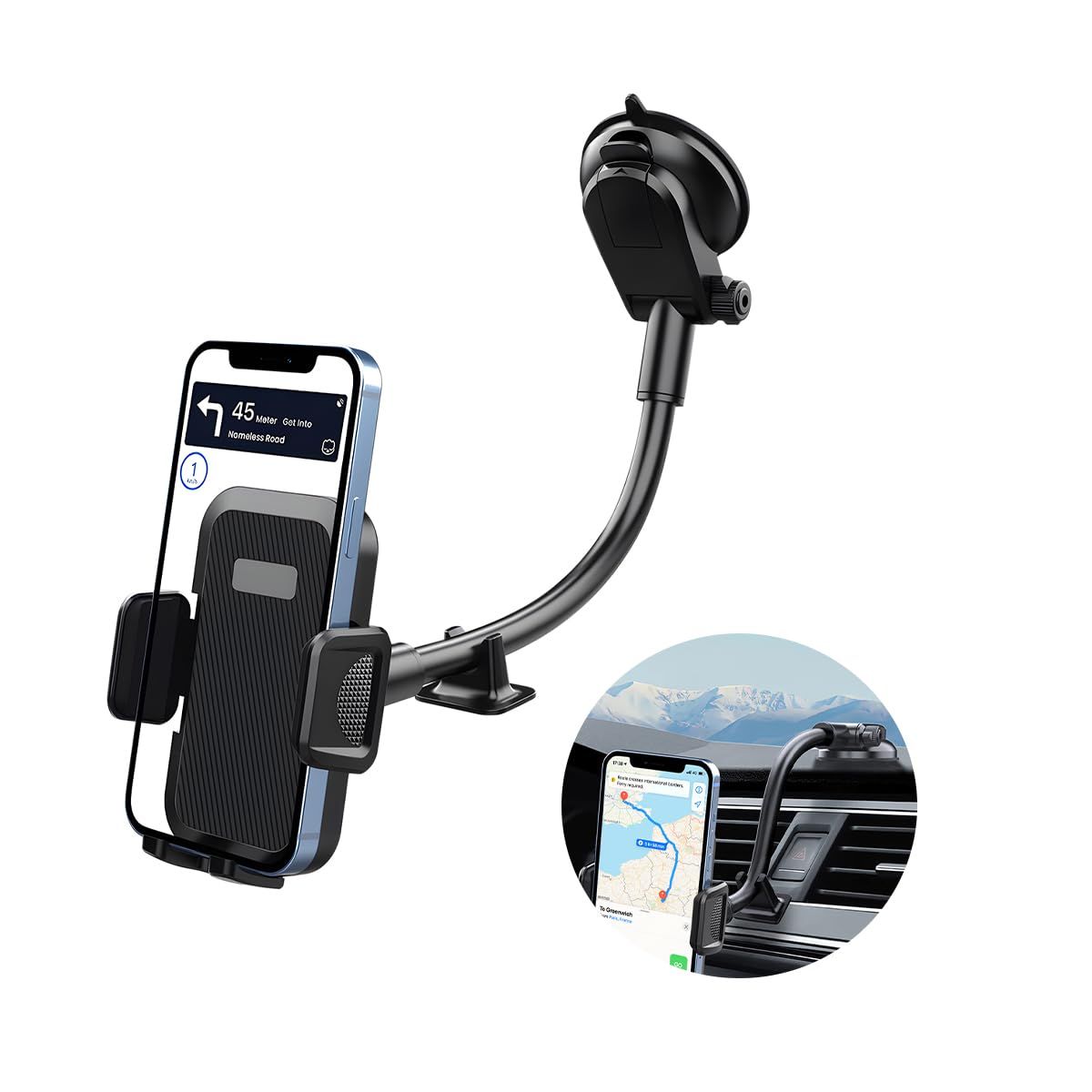 Car phone holder, dashboard/windshield/vent phone holder, gooseneck long arm holder, anti shake hands-free holder