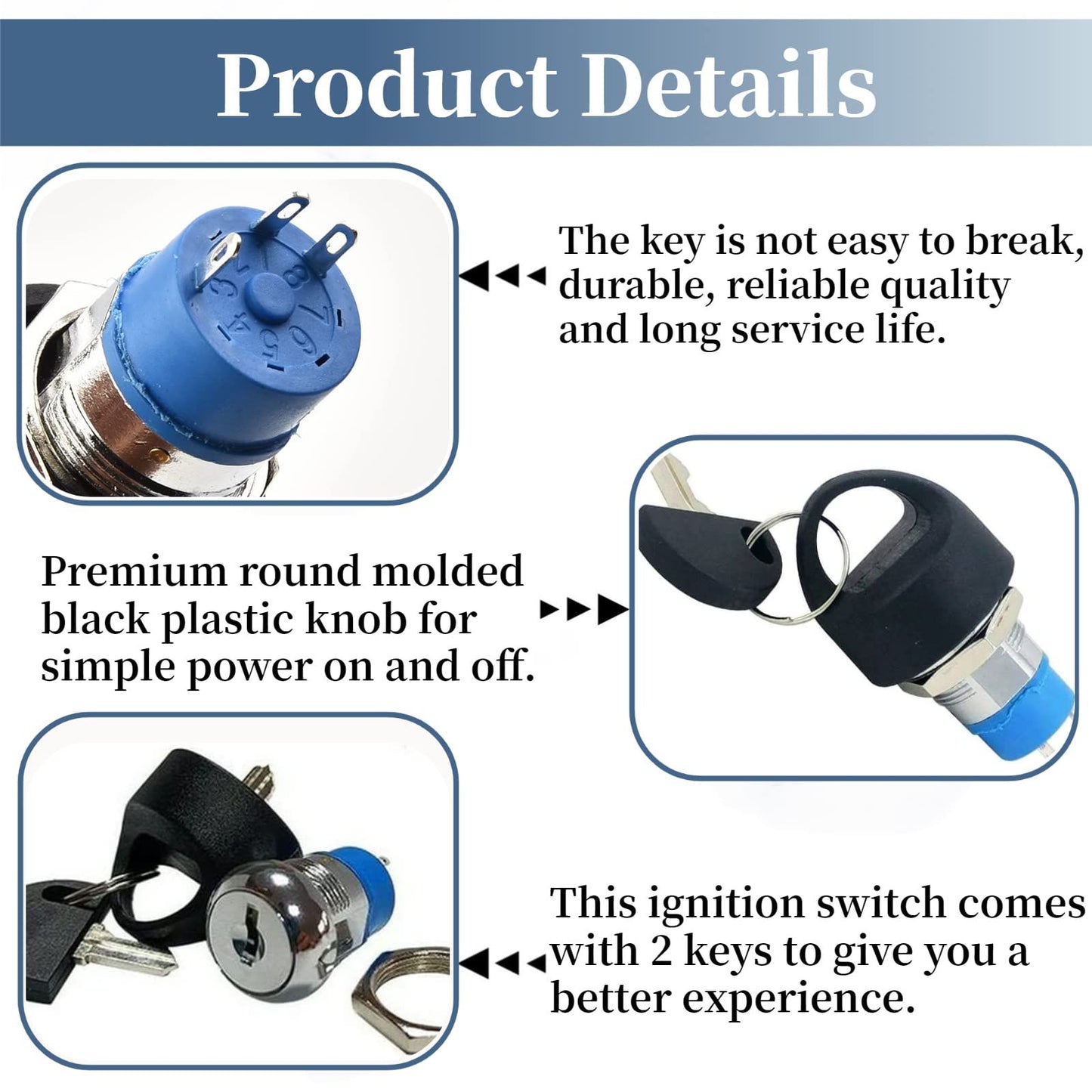 Ignition Switch with Key, Replacement Mobility Scooter Spare Start On/Off Ignition Switch with 2 Keys for Pride