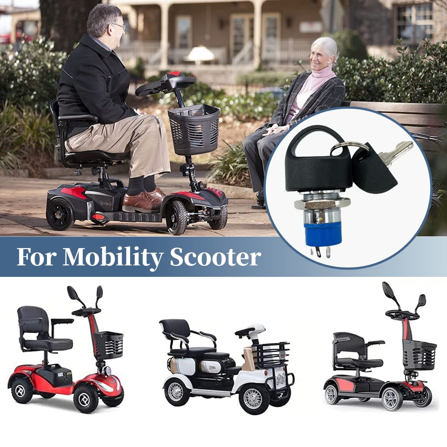 Ignition Switch with Key, Replacement Mobility Scooter Spare Start On/Off Ignition Switch with 2 Keys for Pride