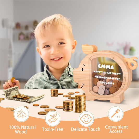 Wooden Piggy Bank for Kids Cute Money Bank for Boys and Girls Clear Wood Money Box Personalized Saving Money Jar, Creative Present for Children Birthday Chrismas & Decor (Naturl Wood, Standard)