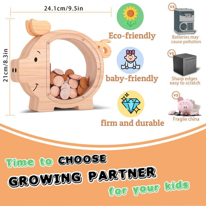 Wooden Piggy Bank for Kids Cute Money Bank for Boys and Girls Clear Wood Money Box Personalized Saving Money Jar, Creative Present for Children Birthday Chrismas & Decor (Naturl Wood, Standard)