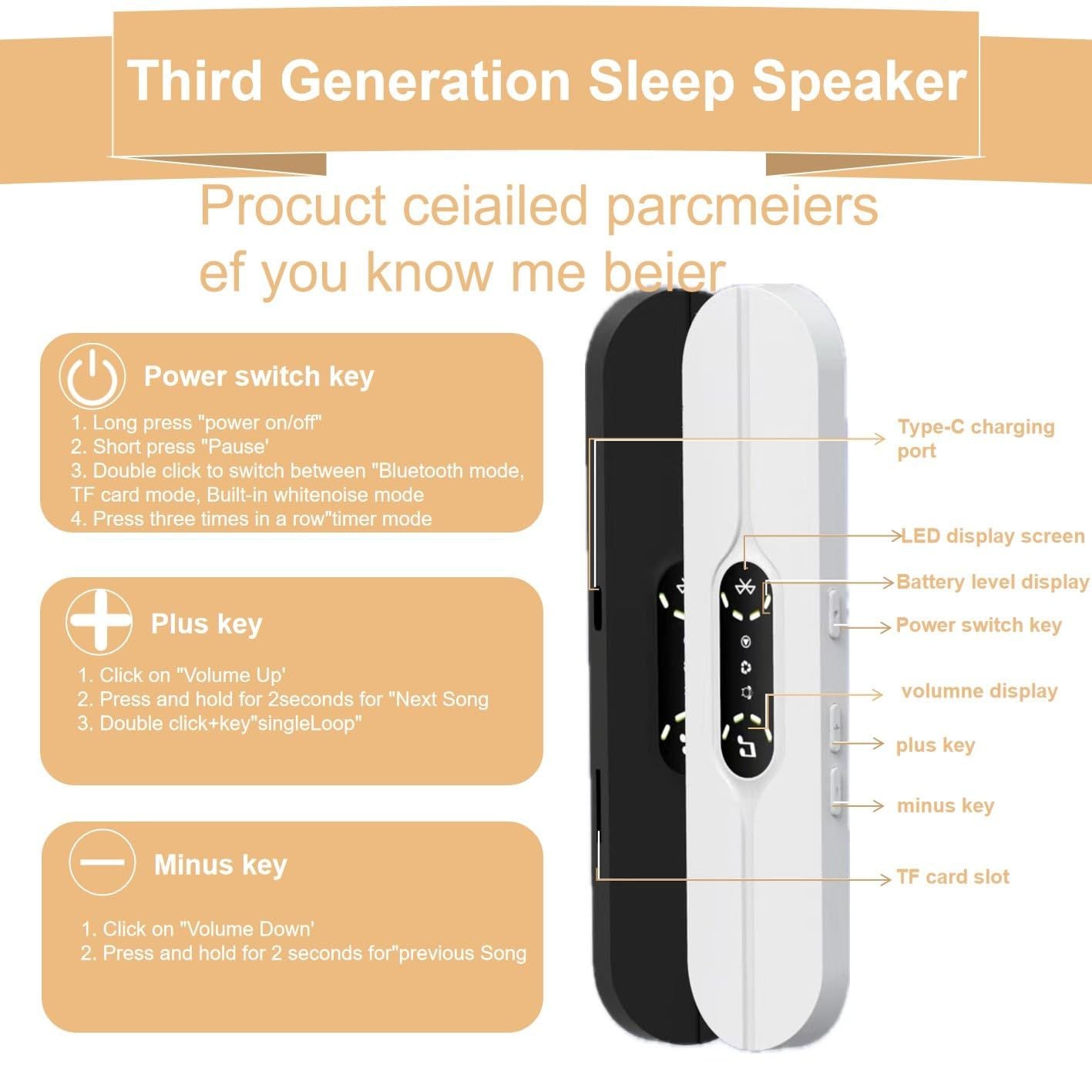 Pillow Speakers for Sleeping,Portable Bluetooth Speaker with Bone Conduction, 10 White Noises, Display, Volume Control,  black