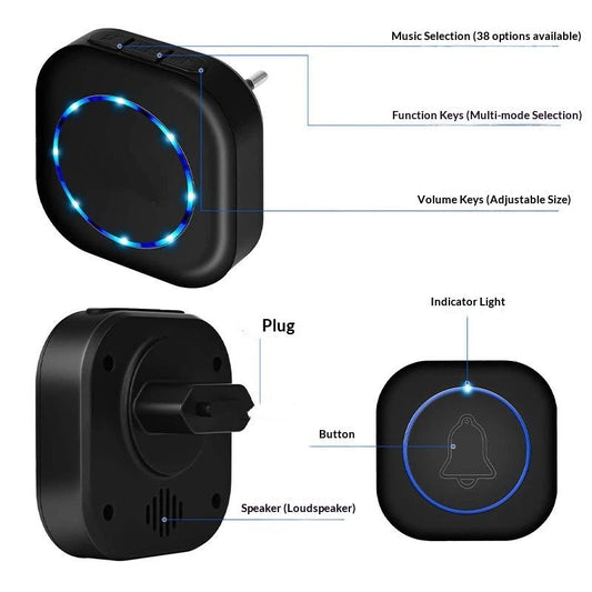 Wireless Doorbell, Door Bell Kit, Distinguish Front and Rear Doors, for Home Office Classroom（One drag, two sounds）