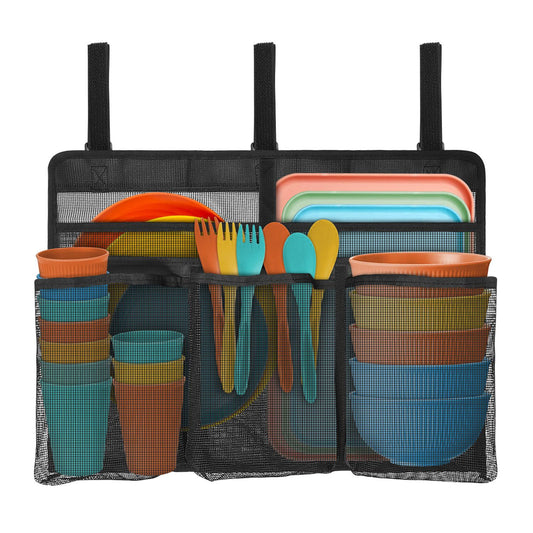 Camping Dish Drying Bag Collapsible Dish Drying Rack, Portable Mesh Dinnerware Drainer Organizer for RV Campers Travel Trailers Space Saving Camping Kitchen Storage Rack (black)