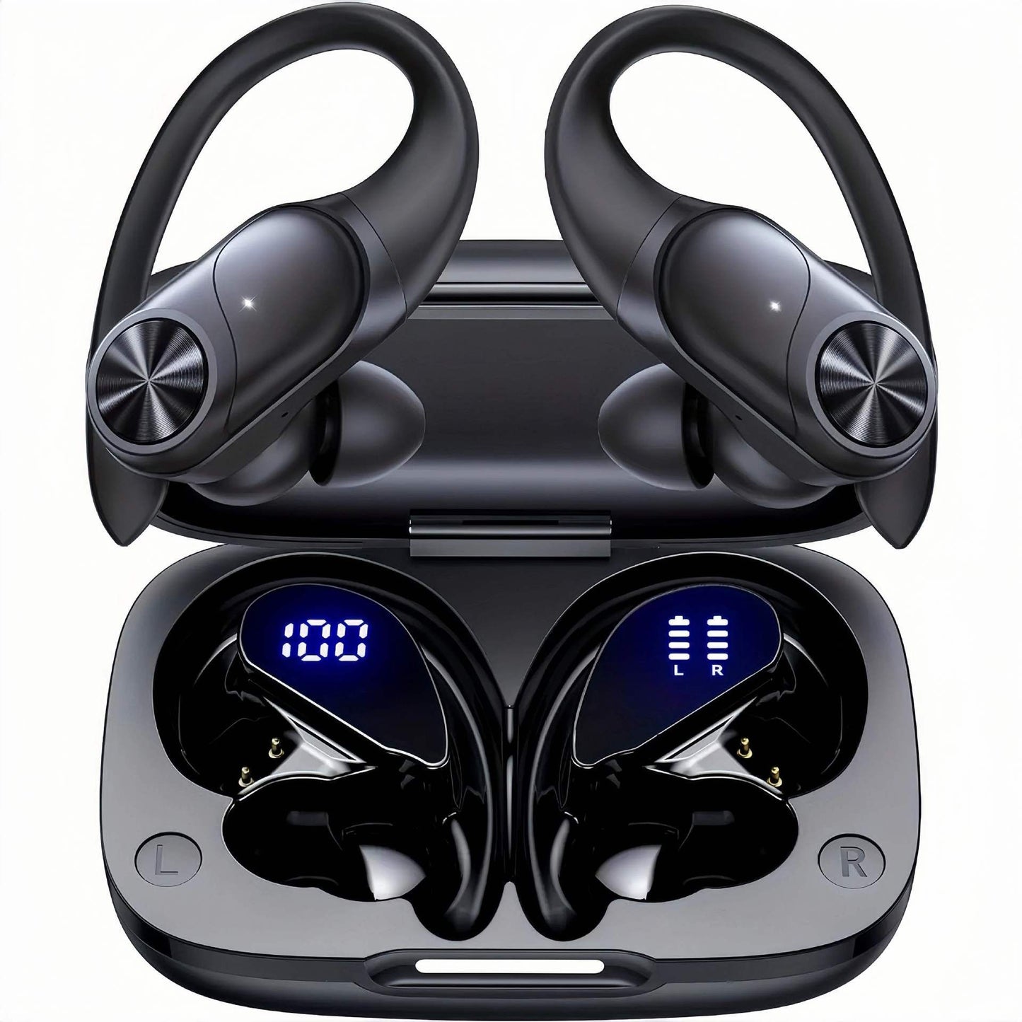 Bluetooth Headphones Wireless Earbuds 80hrs Playtime Wireless Charging Case Digital Display Sports Ear Buds with Earhook Deep Bass IPX7 Waterproof Over-Ear Earphones for TV Phone Laptop Black