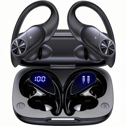 Bluetooth Headphones Wireless Earbuds 80hrs Playtime Wireless Charging Case Digital Display Sports Ear Buds with Earhook Deep Bass IPX7 Waterproof Over-Ear Earphones for TV Phone Laptop Black