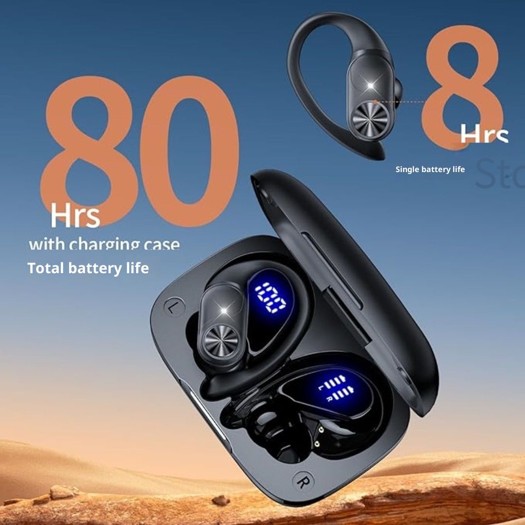 Bluetooth Headphones Wireless Earbuds 80hrs Playtime Wireless Charging Case Digital Display Sports Ear Buds with Earhook Deep Bass IPX7 Waterproof Over-Ear Earphones for TV Phone Laptop Black