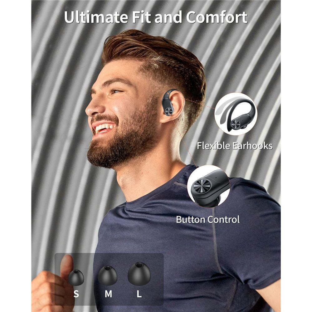 Bluetooth Headphones Wireless Earbuds 80hrs Playtime Wireless Charging Case Digital Display Sports Ear Buds with Earhook Deep Bass IPX7 Waterproof Over-Ear Earphones for TV Phone Laptop Black