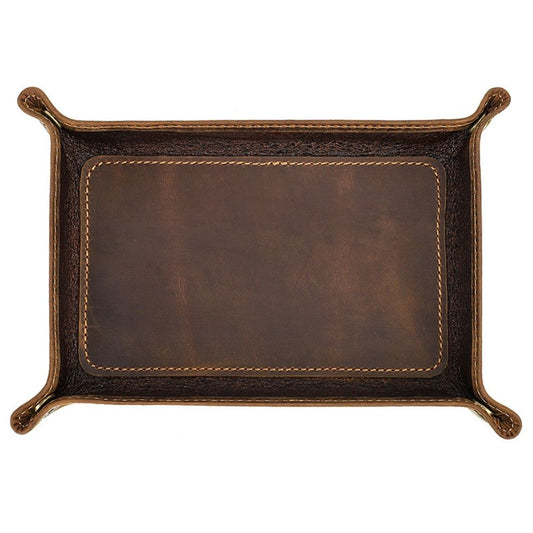Leather Valet Tray for Men – Rustic Organizer for Keys, Phone & Wallet  Whiskey Barrel Brown  Perfect for Nightstand, Desk, Entryway