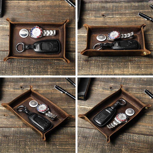 Leather Valet Tray for Men – Rustic Organizer for Keys, Phone & Wallet  Whiskey Barrel Brown  Perfect for Nightstand, Desk, Entryway