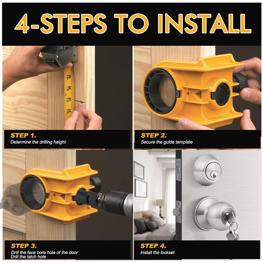 Door Lock Installation Kit,  For Metal or Wood Doors, 2 Adjustable Bushings, Easy Installation  with Hole Saw & Anti-Warp Backing Plates (Yellow)