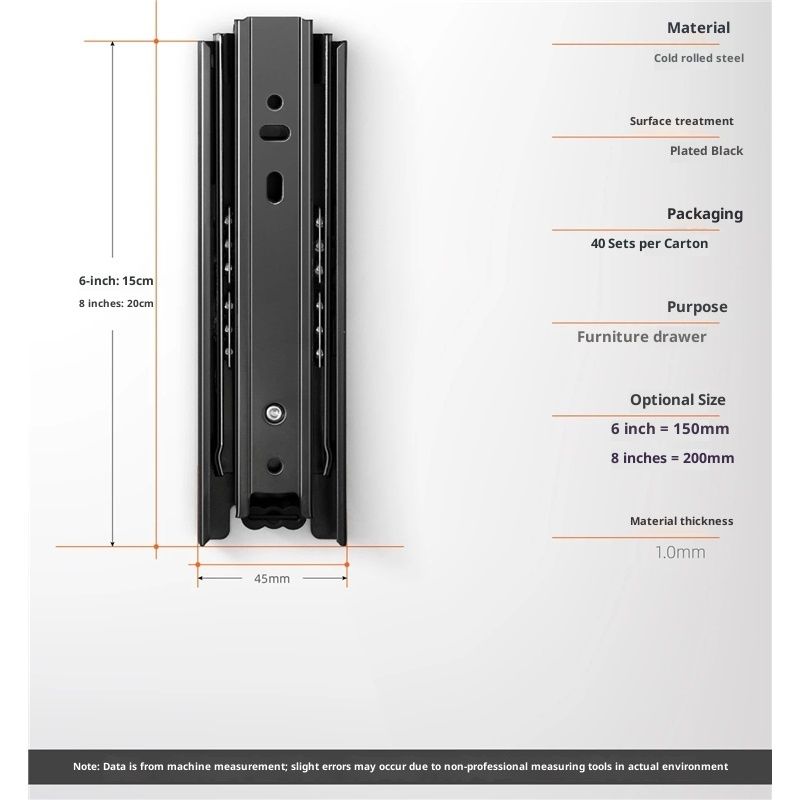 2 Pairs 8+6 Inch Full Extension Less Noise Drawer Slides all Bearing Side Mounted Drawer Slider Heavy Duty Drawer Slides, Black
