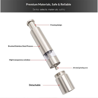 Stainless-Steel One-Handed Thumb Push Button Salt and Pepper Grinder For Black Pepper(Stainless steel spring built-in model)