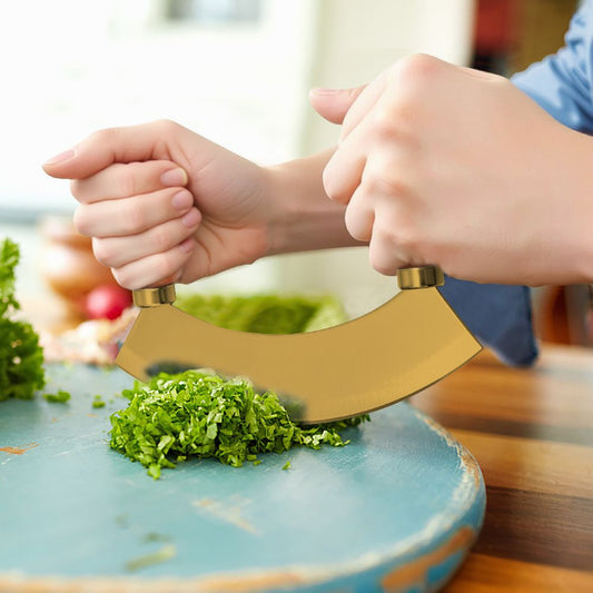Kitchen Rocking Chopper And Mincing Knife With Double Handles, Stainless Steel, Rubberwood, For Herbs Vegetables Nuts And More