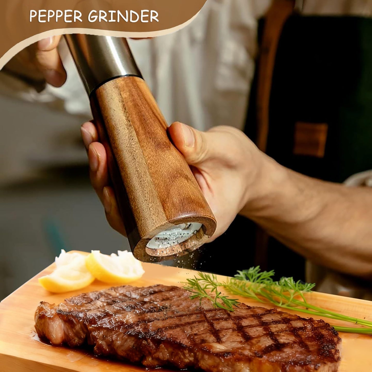 2pcs Salt and Pepper Grinder Set, Acacia Wooden Pepper Grinder with Adjustable Coarseness, Refillable Ceramic Blade Grind,Gold Pepper Mill for Kitchen