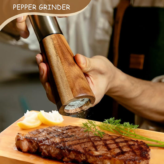 2pcs Salt and Pepper Grinder Set, Acacia Wooden Pepper Grinder with Adjustable Coarseness, Refillable Ceramic Blade Grind,Gold Pepper Mill for Kitchen