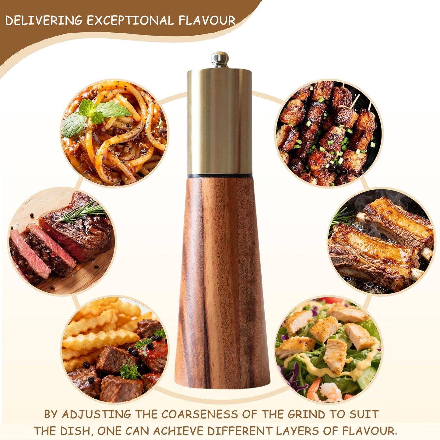2pcs Salt and Pepper Grinder Set, Acacia Wooden Pepper Grinder with Adjustable Coarseness, Refillable Ceramic Blade Grind,Gold Pepper Mill for Kitchen