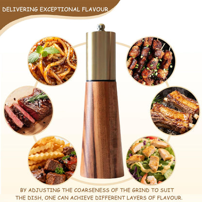 2pcs Salt and Pepper Grinder Set, Acacia Wooden Pepper Grinder with Adjustable Coarseness, Refillable Ceramic Blade Grind,Gold Pepper Mill for Kitchen
