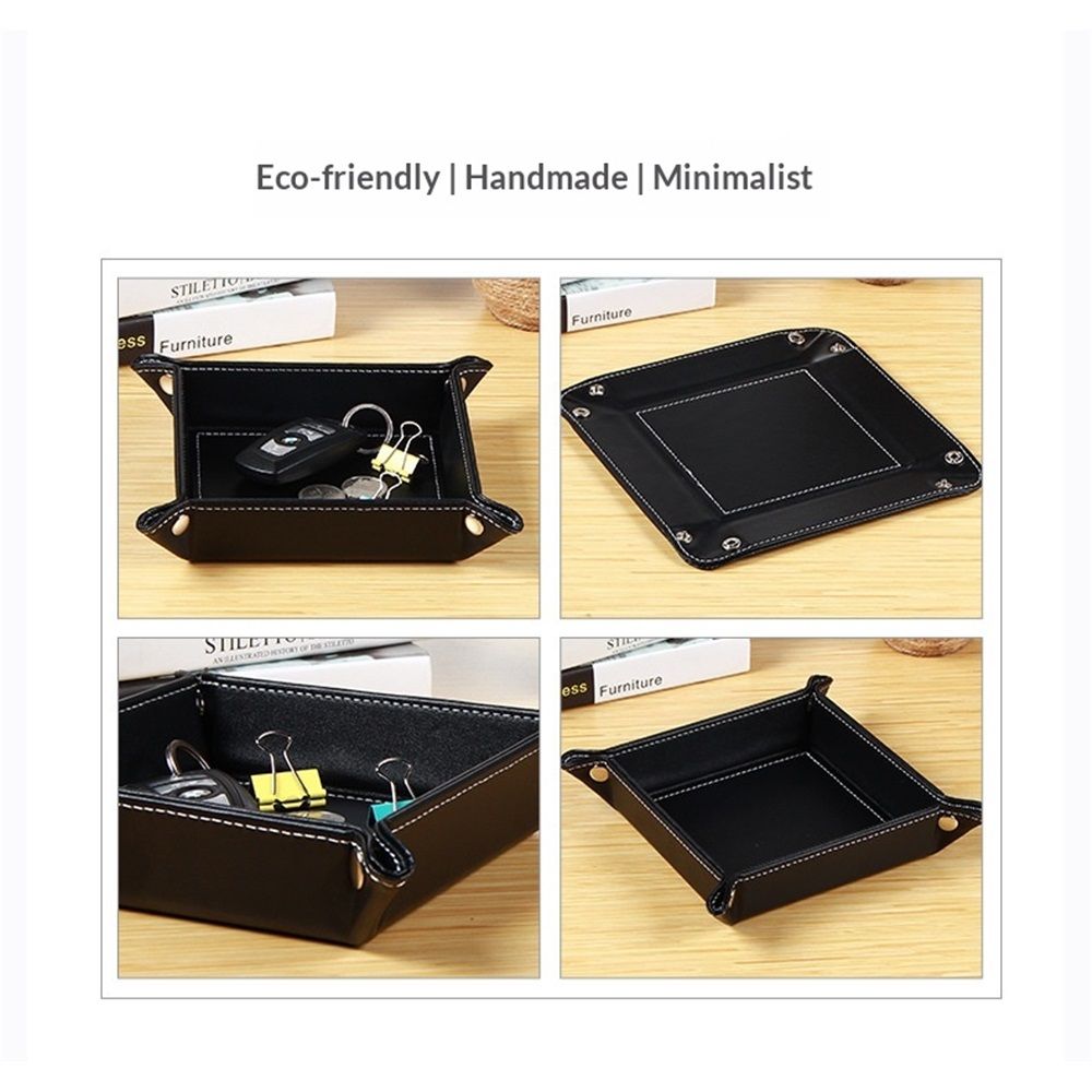 2 pack Premium Leather Tray for Men Jewelry Organizer, Desktop Storage,Key Wallets Cell Phones Tray Nightstand or Dresser Organizer Plate (Black)