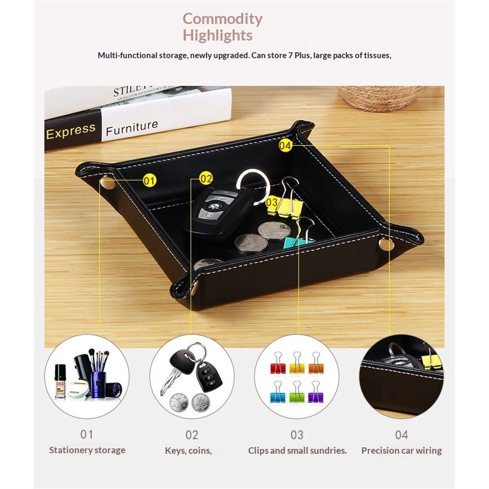 2 pack Premium Leather Tray for Men Jewelry Organizer, Desktop Storage,Key Wallets Cell Phones Tray Nightstand or Dresser Organizer Plate (Black)