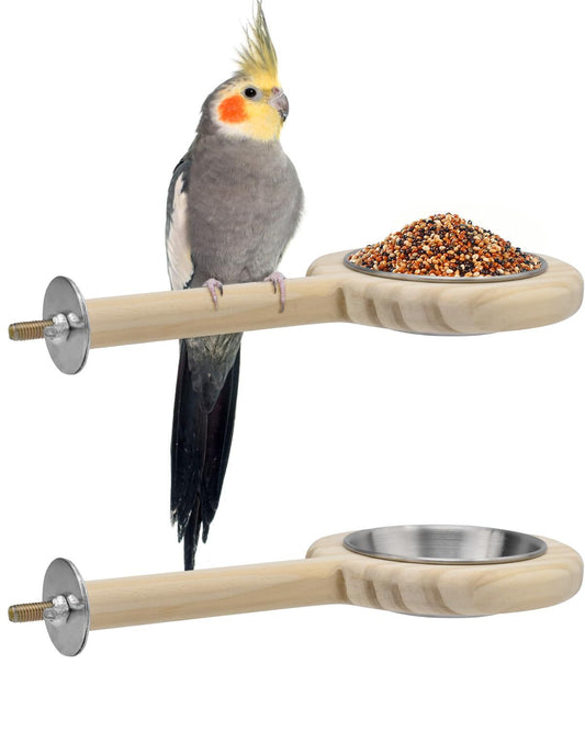 Bird Perch Feeding Cup Birds Platform Parrot Wood Perch Stand Toy Cage Accessory for Parakeet Lovebird Cockatiel Small Parrots (Pack of 2)