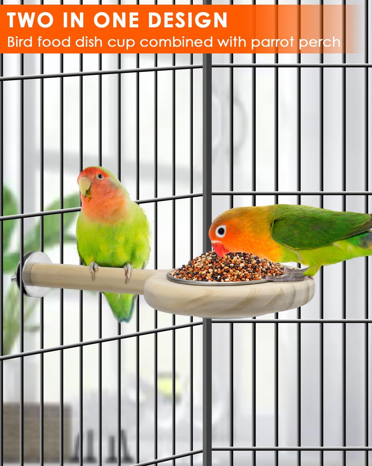 Bird Perch Feeding Cup Birds Platform Parrot Wood Perch Stand Toy Cage Accessory for Parakeet Lovebird Cockatiel Small Parrots (Pack of 2)