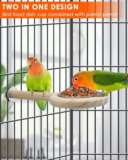 Bird Perch Feeding Cup Birds Platform Parrot Wood Perch Stand Toy Cage Accessory for Parakeet Lovebird Cockatiel Small Parrots (Pack of 2)