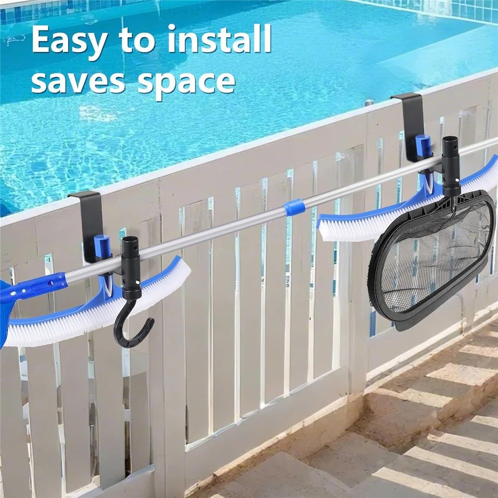 2 Pcs Pool Fence Hooks, Pool Tool Organizer, for Hanging Pool Cleaning Accessory, Pool Pole,Brush, Leaf Skimmer Net,Vacuum Head, Suitable 3/4 Inch to 1-1/4 inch Railing (Black)