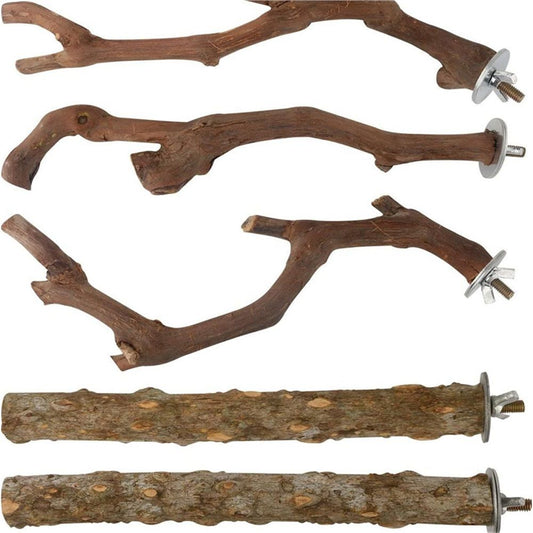 5PCS Bird Perch Stand Natural Wooden Parrot Stand Branch,3 Grape Wood Perch,2 Stand,Paw Grinding Fork Parakeet Chewing Stick Exercise Training （25cm）