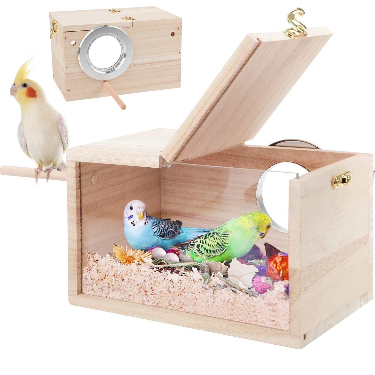 Parakeet Nesting Box Transparent Design,  Bird Nest Breeding Box with  Wood Bird Cage House for Cockatiel Lovebirds  Finch Parrotlets Canary （12*12*19.5）